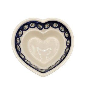 Polish Bolesawiec Pottery Peacock Pattern Heart Shaped Bowl Folk Art Blue